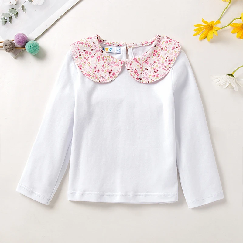 Casual Kids Baby Girls T-shirt Spring Doll Collar Baby Girls Long Sleeve Solid Color T-shirt Children\'s Clothes 1-5Yrs