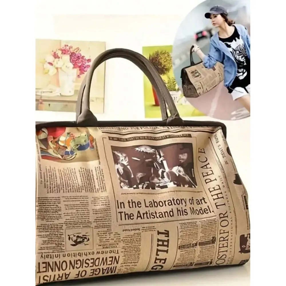 

Vintage Newspaper Print Canvas Tote Bag High Quality Plaid Pattern, Fixed Shoulder Strap, Zipper Closure And Polyester Lining,