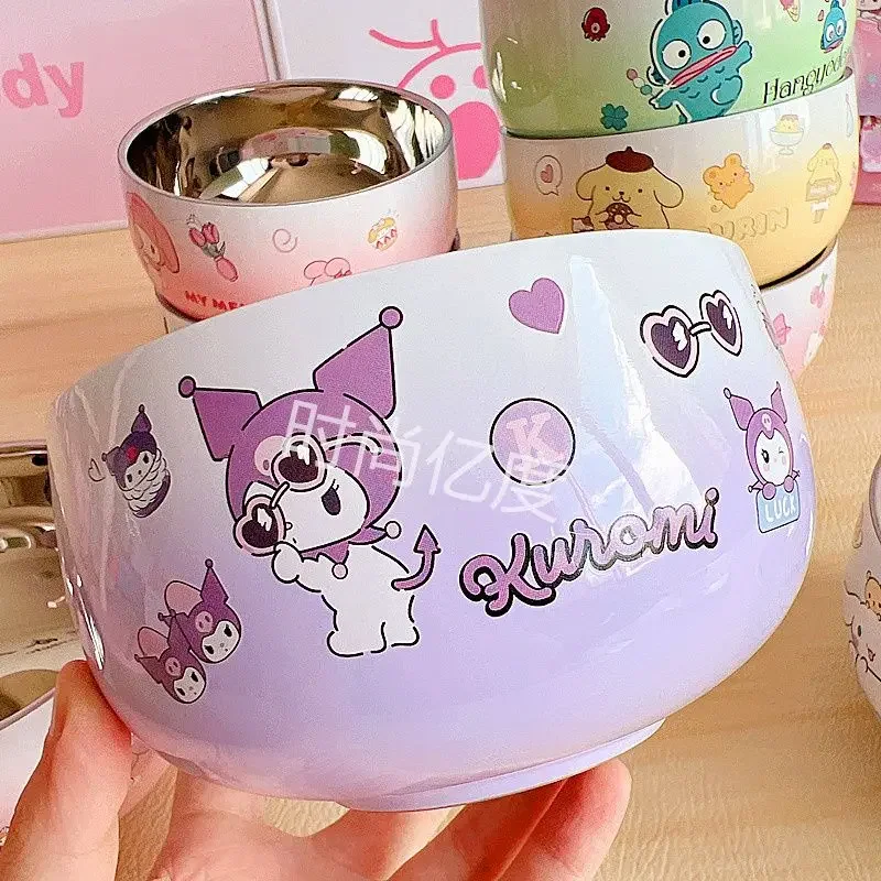 

Hello Kitty Cinnamoroll Anime Kuromi MINISO Round Bowl Children Cute Cartoon Kawaii Insulated Bowl Household Gifts for Kids