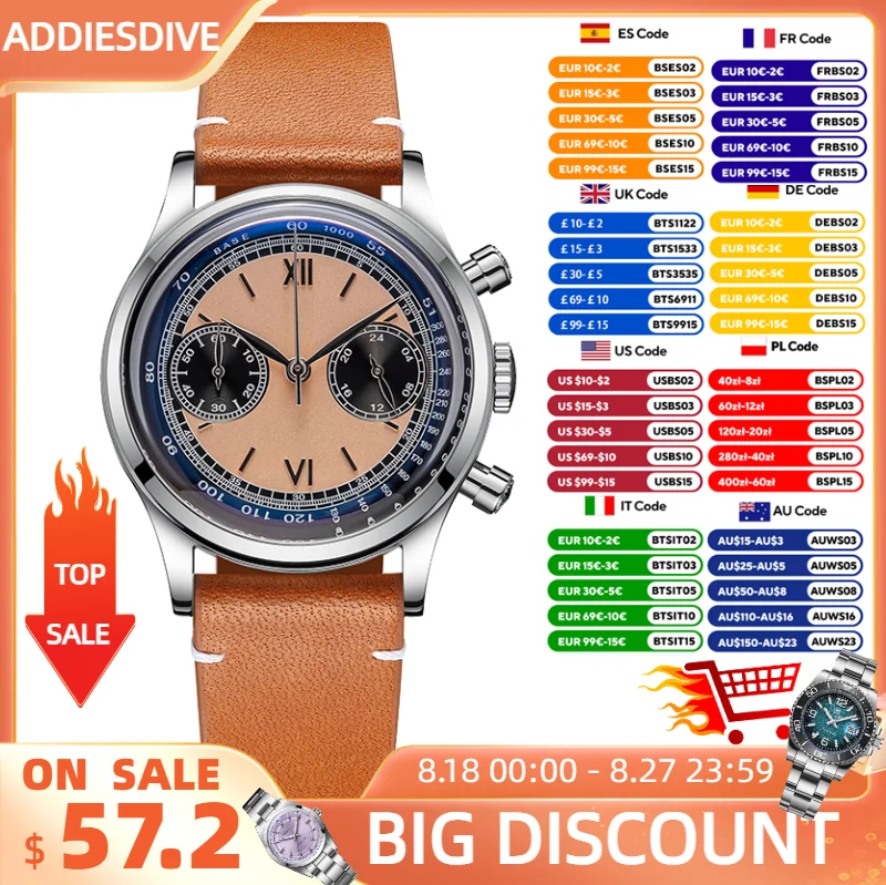 ADDIESDIVE Men watches Quartz Wristwatch Sport waterproof 100m Chronograph AR Coating VK64 Movement Retro Leather Watch New