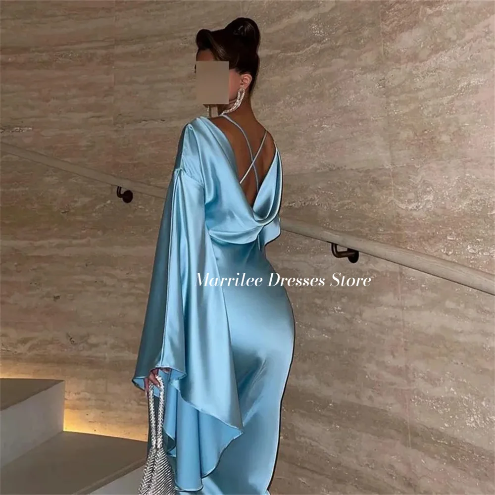 Marrilee Charming Bule O-Neck Meimaid Stain Evening Dress Sexy Ankle Length Wide Sleeves Open Back Party Prom Gowns Vestido 2024