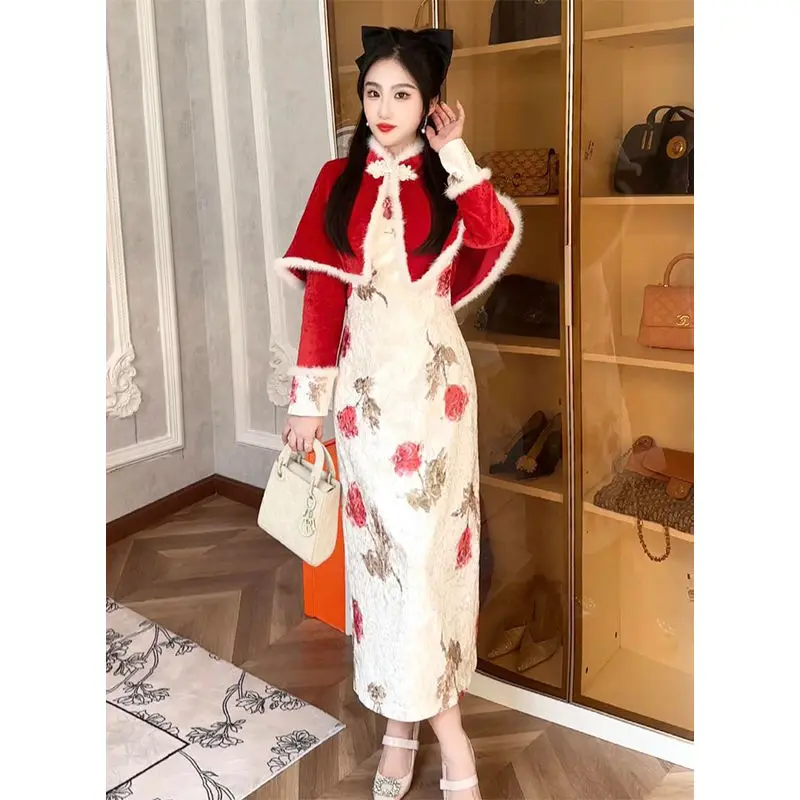 Tang Style Qipao Women's Color Patchwork Shoulder Improvement For Young Girls To Look Slimmer Chinese Style Shawl Dress Set