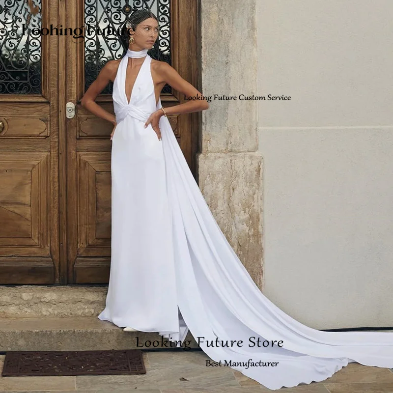 Classic Long Wedding Dress Sexy Deep V-Neck Bridal Gowns For Women Sleeveless Simple Backless Pleat Sweep Train 2025 Customized