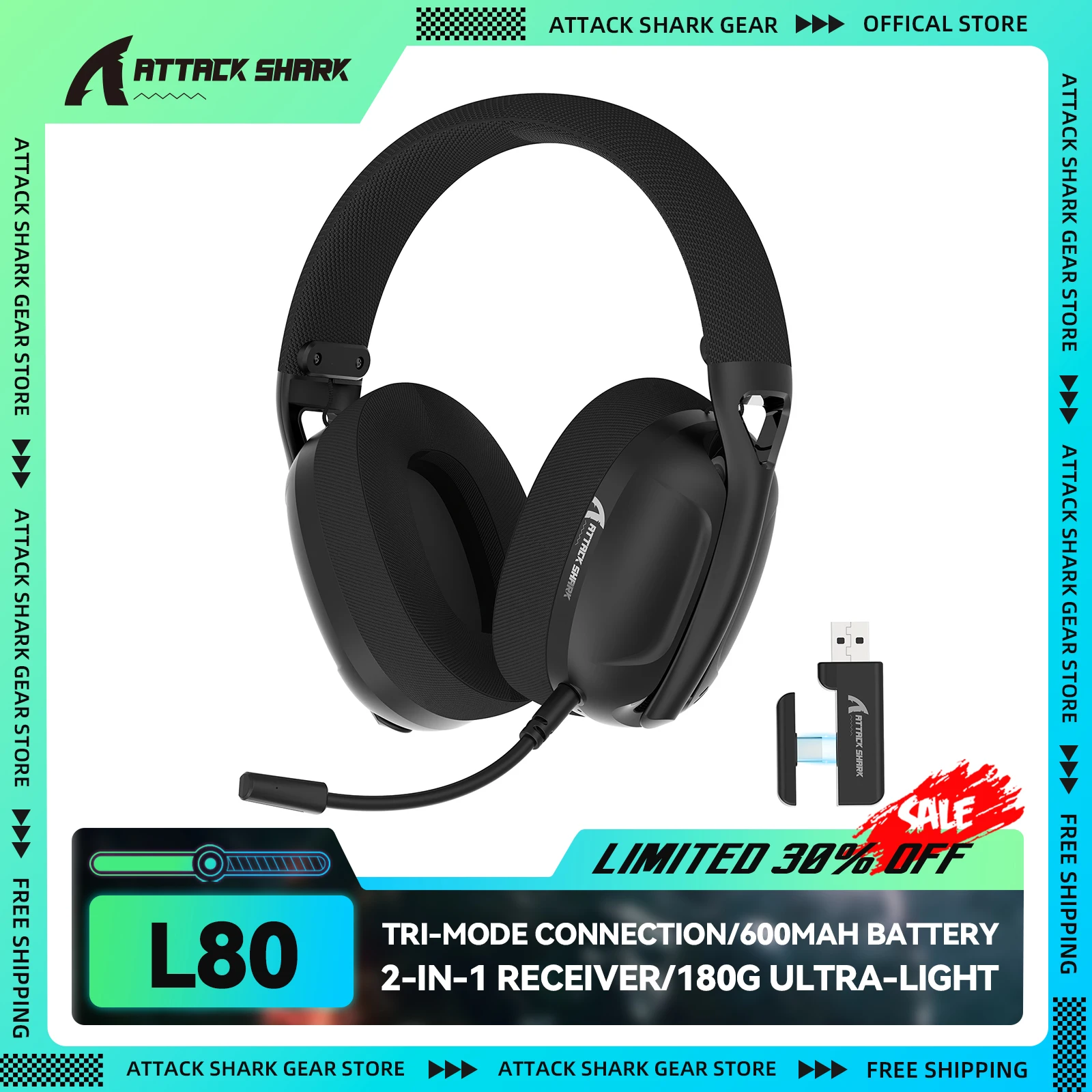 ATTACK SHARK L80 Cuffie da gioco ultraleggere da 180 g, microfono collegabile, wireless cablato/Bluetooth/2.4G, audio stereo a 5.1 canali