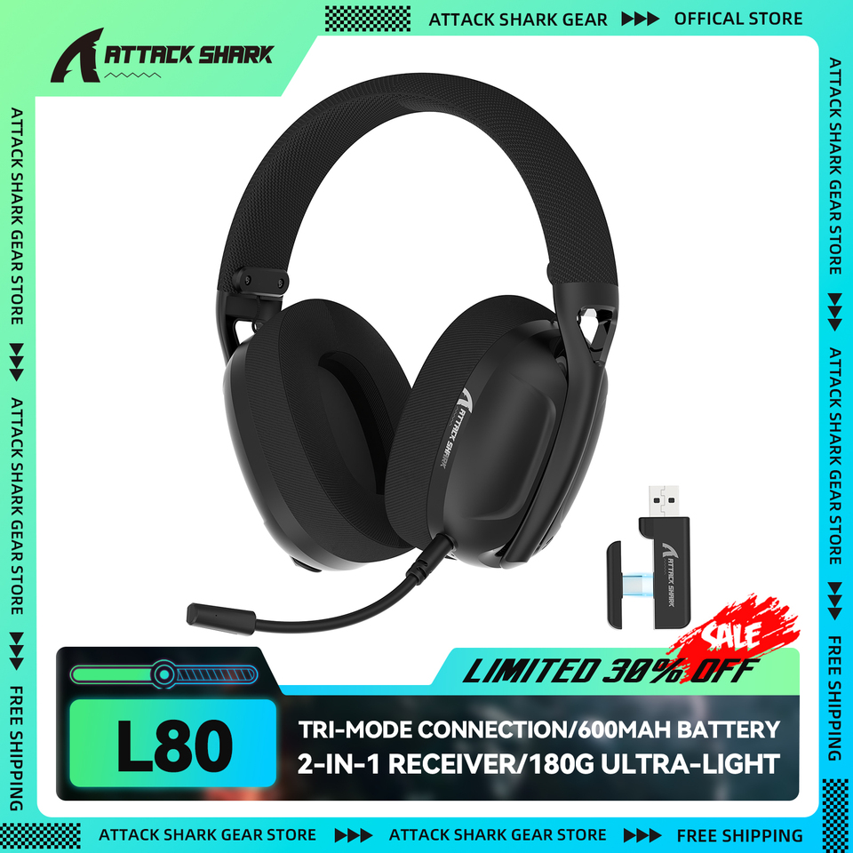  ATTACK SHARK L80 180g Ultra-Light Gaming Headset, Pluggable Microphone, Wired/Bluetooth/2.4G Wireless, 5.1 Channel Stereo Sound 