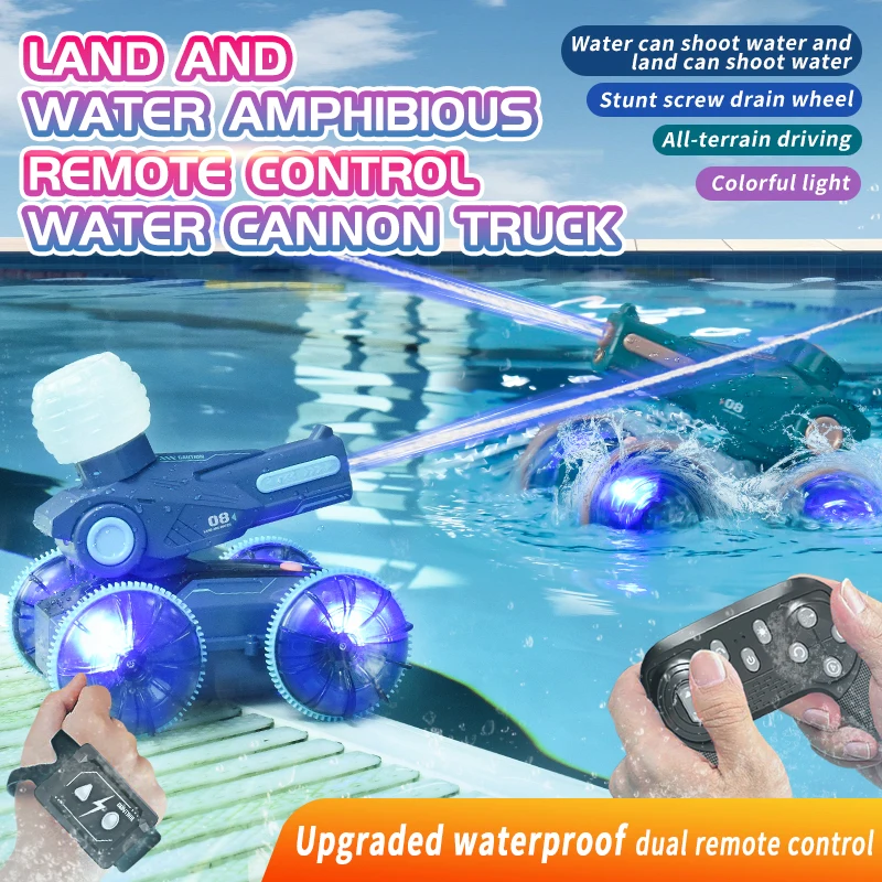 Carro de controle remoto anfíbio infantil, tanque, navio pode lançar spray de água, pistola de sucção de água automática, brinquedo de carro com sensor de obura