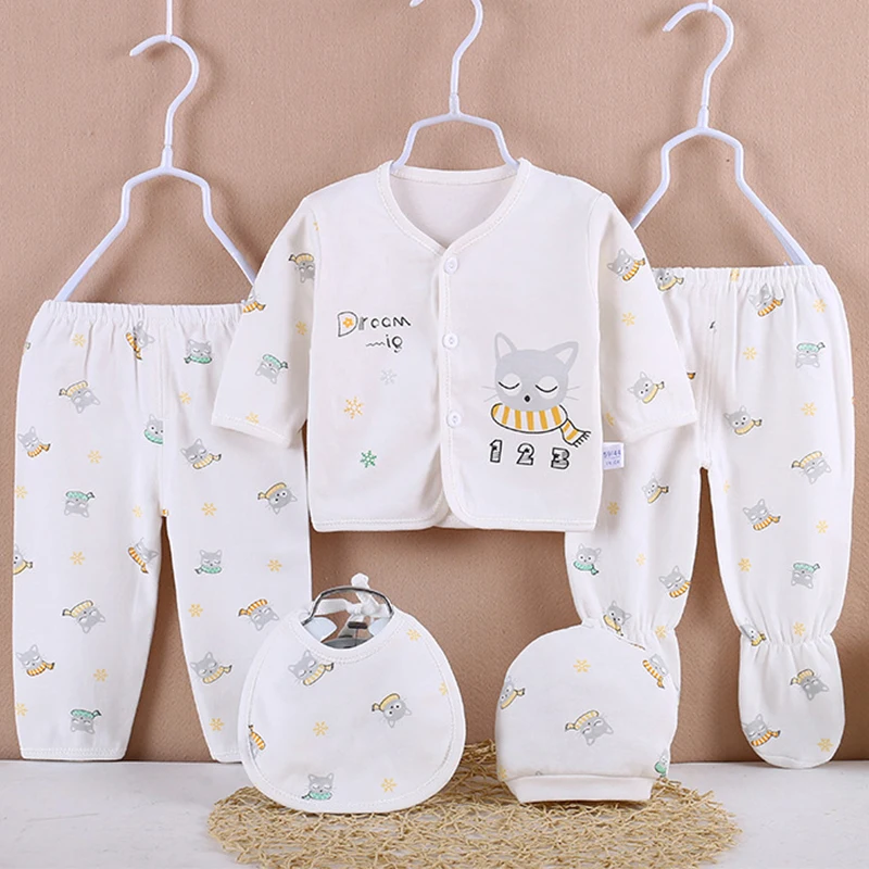 5Piece Spring Autumn Baby Girl Boy Clothes 2024 Casual Cartoon Cute Stripe Cotton Soft Tops+Pants Newborn Hospital Set BC1733-1