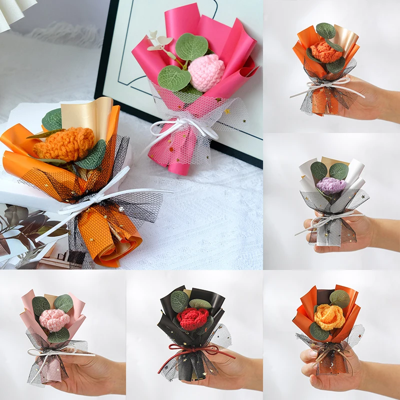 Mini ramo de punto creativo, hilo de algodón, ganchillo, rosa, tulipán, girasol, flores falsas, pequeño ramo para el Día de San Valentín, regalos de fiesta