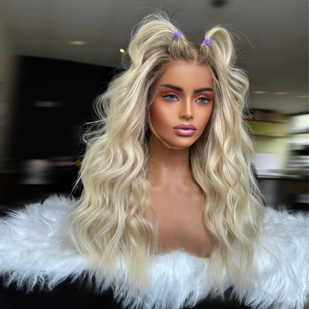 

Creamy Blonde Wig with Roots Synthetic Lace Front Wig 13x4 Replacement Everyday Wigs Realistic Hairline for Women Daily Use