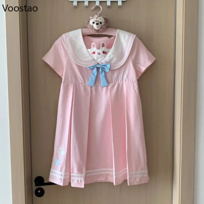 Rosa Kleid im Lolita-Stil, japanische Frauen, Kawaii-Cartoon, Hasenohren, Schleife, Matrosenkragen, Partykleider, süßes Mädchen, süßes Prinzessinnenkleid