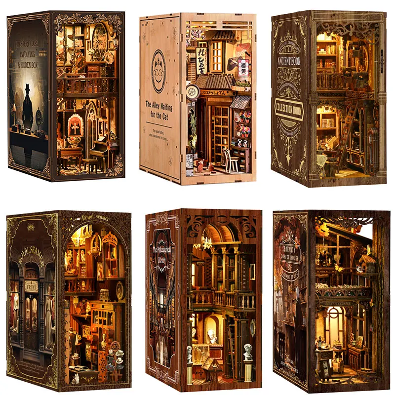 Vintage Alley Book Nook Kit Wooden Miniature Bookstore Dollhouse Furniture Handmade Craft Bookshelf Home Decor Gift for Adult