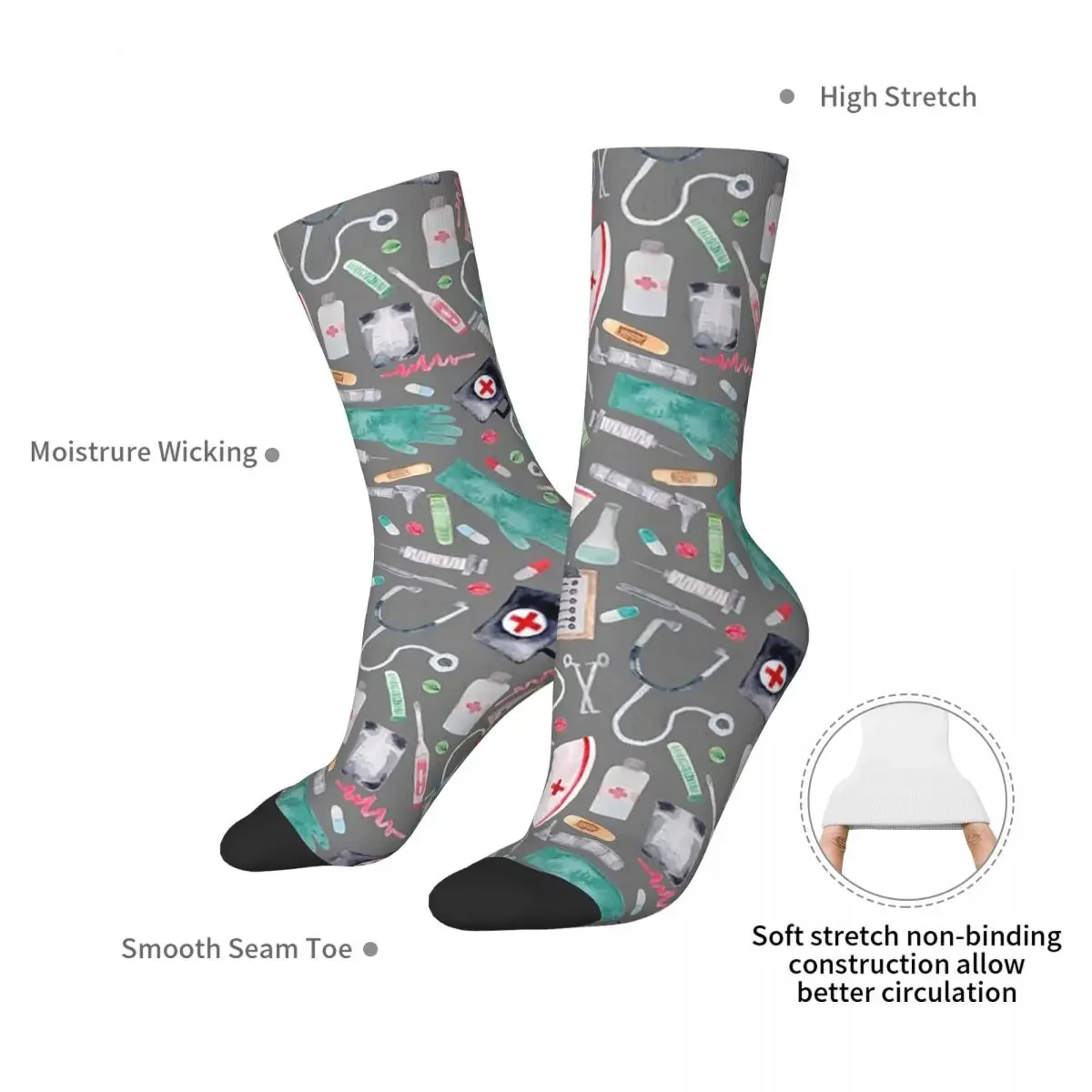 Medical Pattern Doctor Nurse Watercolor Grey Texture Socks Harajuku Sweat Absorbing Stockings All Season Long Socks Accessories