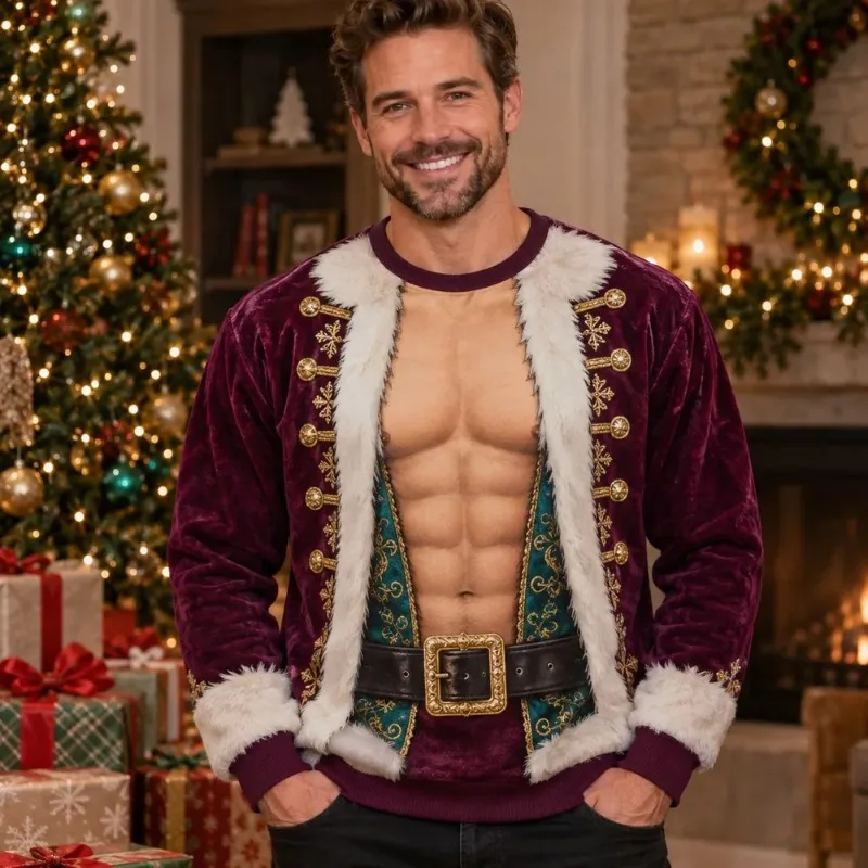 Christmas Fake Muscle Santa Plaid Illusion 3D Print Long Sleeve Top Holly Berry Graphic Xmas Party Ugly Sweater Men Casual Tee