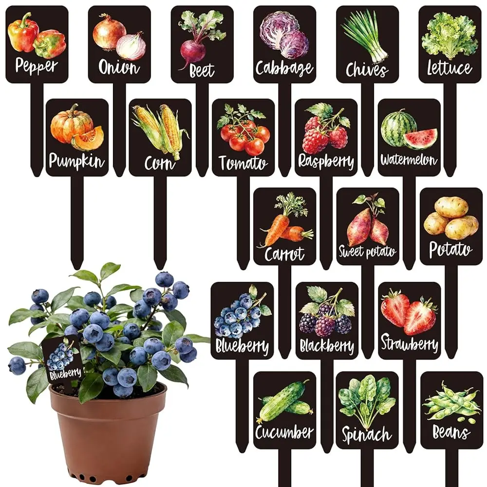 20 Etiquetas de Acrílico Negro Impermeables para Plantas, Frutas y Vegetales, 20 Estilos, Marcadores de Jardín con Número
