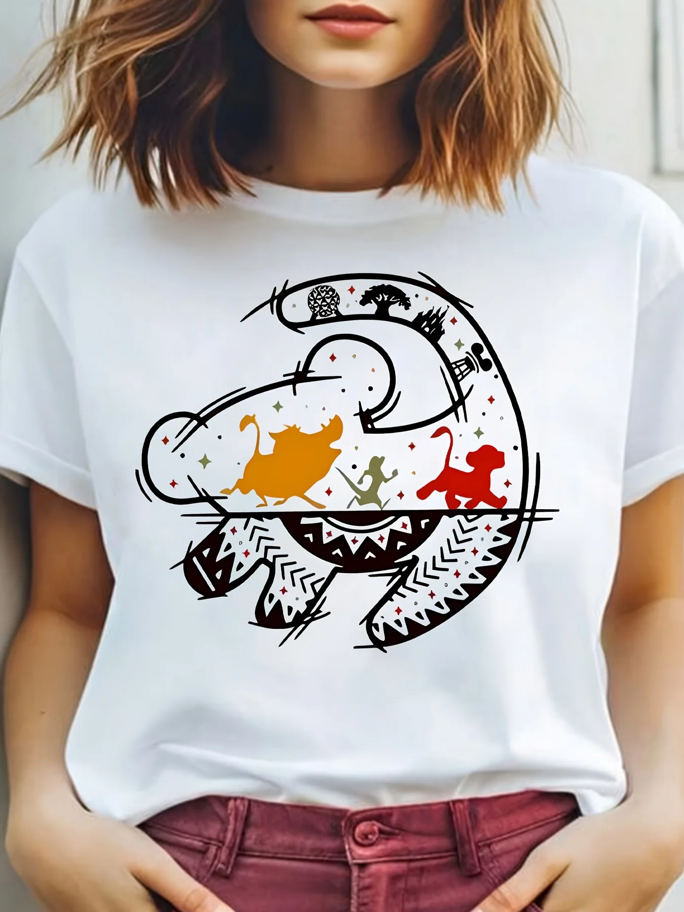 

Large women's short sleeved T-shirt, lion monkey wild boar cartoon art print, casual summer top, 95% polyester 5% spandex