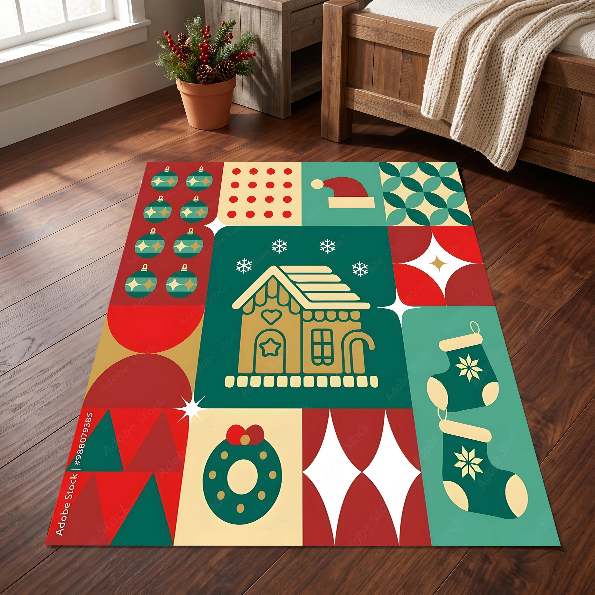 Velvet Rug Christmas Gingerbread House Wreath Stocking Patchwork Retro Childlike for Entryway Bedroom Living Room Decor