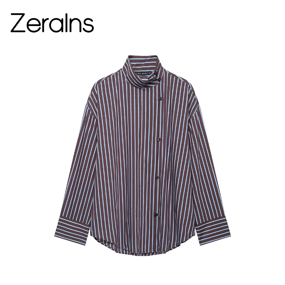 ZERAINS 2026 autumn new women's clothing retro casual exquisite versatile striped stand up collar long sleeved shirt top