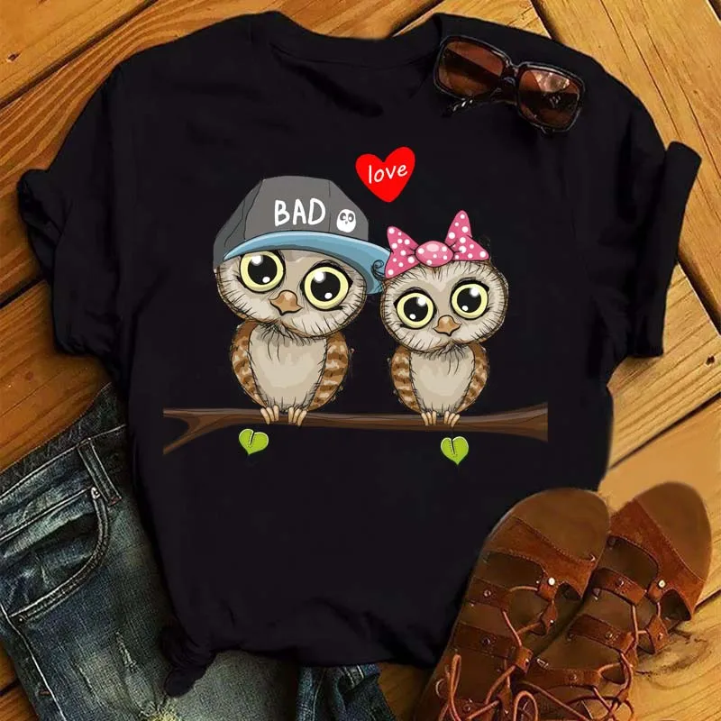 

Cartoon Owl Print T Shirt Women Kawaii Graphic Shirts Casual Short Sleeved Black Female Tee O-neck Harajuku T-shirts