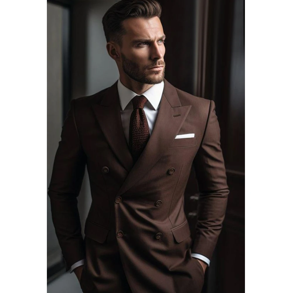 

Fashion Peak Lapel Suits for Men Dark Brown Elegant Double Breasted Smart Casual Wear Party Prom Wedding Tuxedo Two Piece