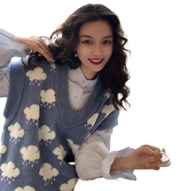 

New Jacquard Sweater Blue Cloud Sweater V-neck Loose Vest Women's Loose Knitted Tank Top