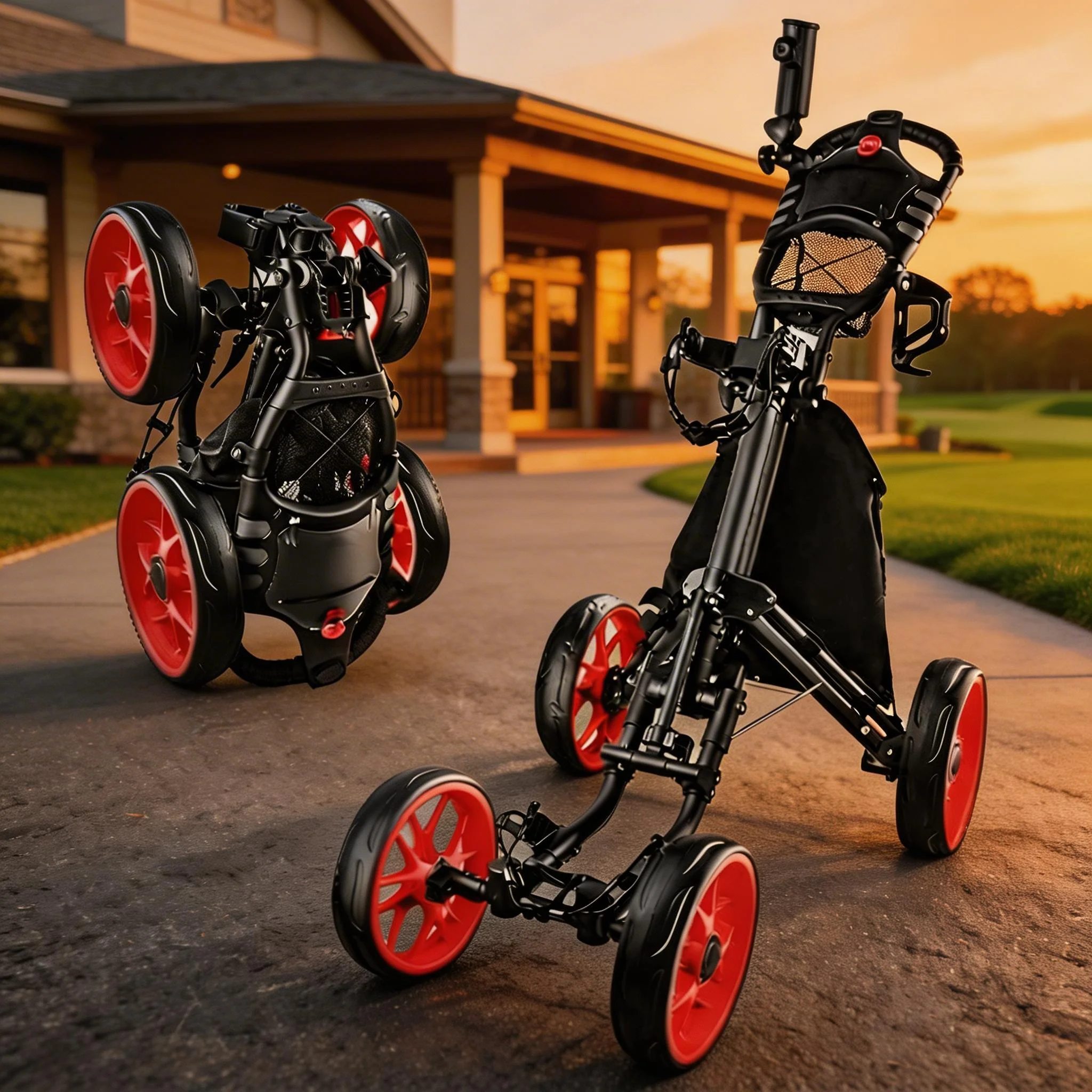 

Портативная легкая складная тележка для гольфа из алюминиевого сплава на четырех колесах с держателем для напитков и держателем для зонта для путешествий и игры в гольф