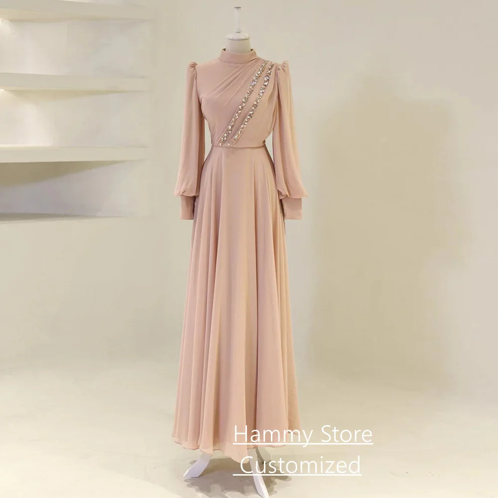 

Muslim Evening Dress Customized Full Sleeves High Neck Pleat Crystal Chiffon Saudi Prom Gown A Line Wedding Party Dresses