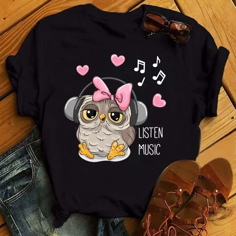 Plus Size Maycaur kreskówka sowa Print T Shirt kobiety Kawaii koszule graficzne Casual z krótkim rękawem trójnik żeński koszulki Harajuku z okrągłym