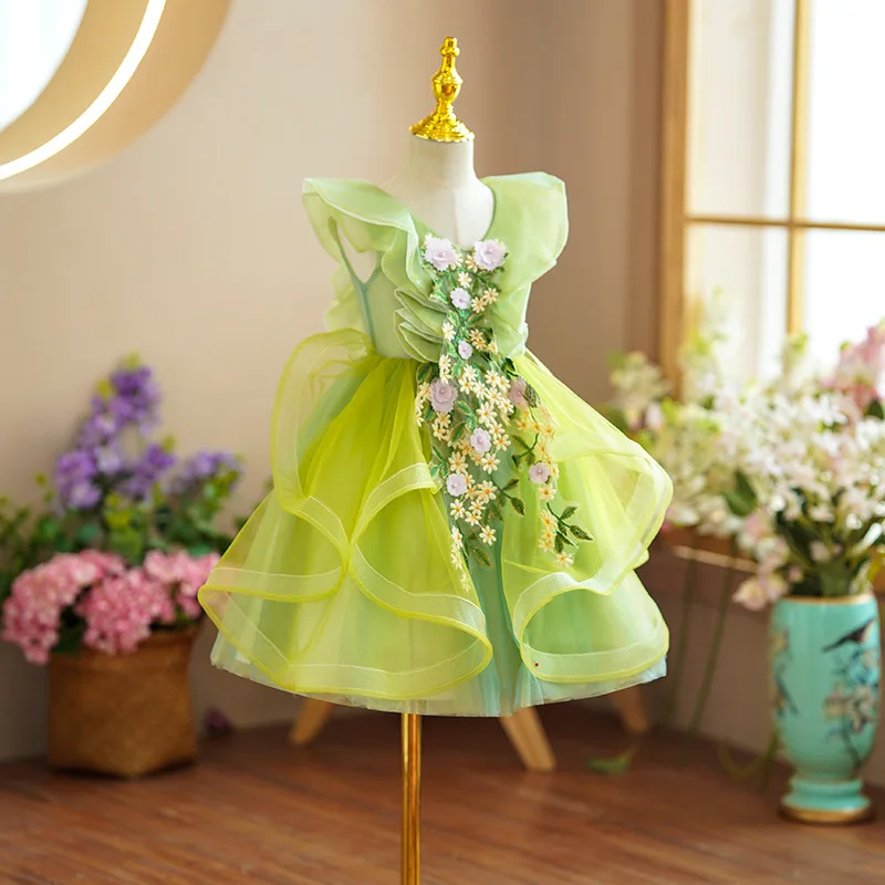 2024 luxury Girls V-neck green Flower Fairy Children Princess tutu Wedding Gown Kids Dresses baby infant Birthday Party Dress