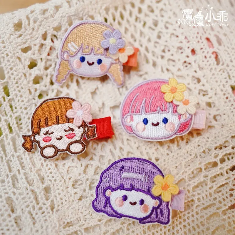 Girls Hand Embroidered Cartoon Fabric Hair Clips Sweet Cute Side Bangs Barrettes Soft Broken Hair Accessories