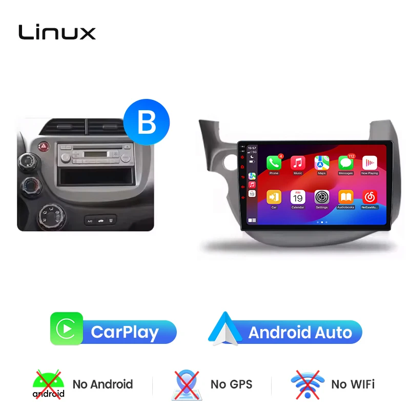 Junsun draadloze CarPlay Android Auto autoradio voor Honda Jazz Mk2 (GE) 2007-2014 met ingebouwde koelventilator, Android GPS navigatie, multimediaspeler, WiFi, DSP, RDS, BT, SWC, IPS touchscreen,