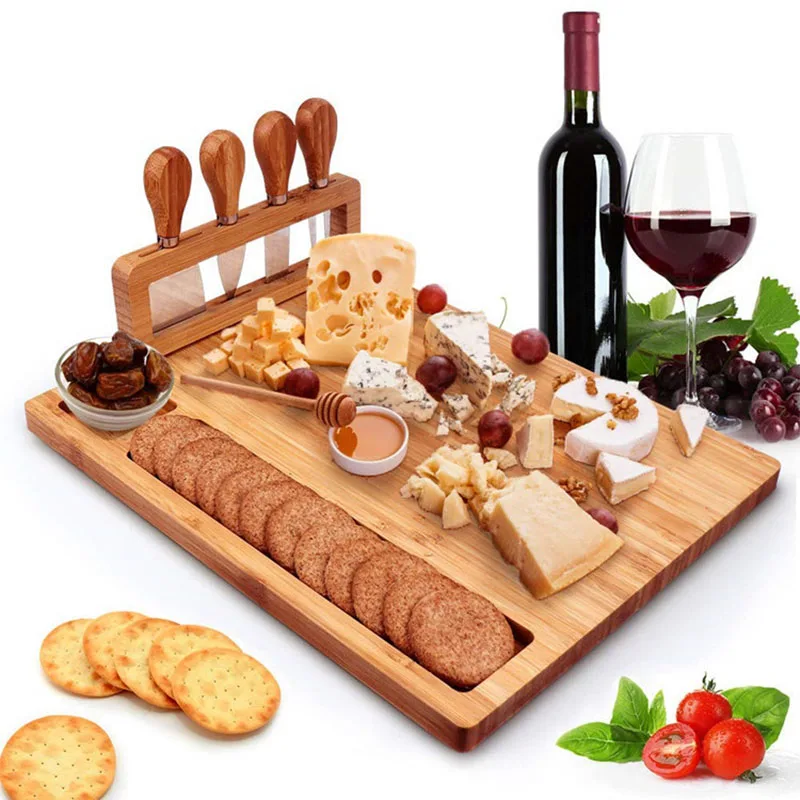 Bamboo cheese plate cheese plate Four-piece set cheese knife Four-piece bread plate vegetable plate kitchen bamboo wood chopping