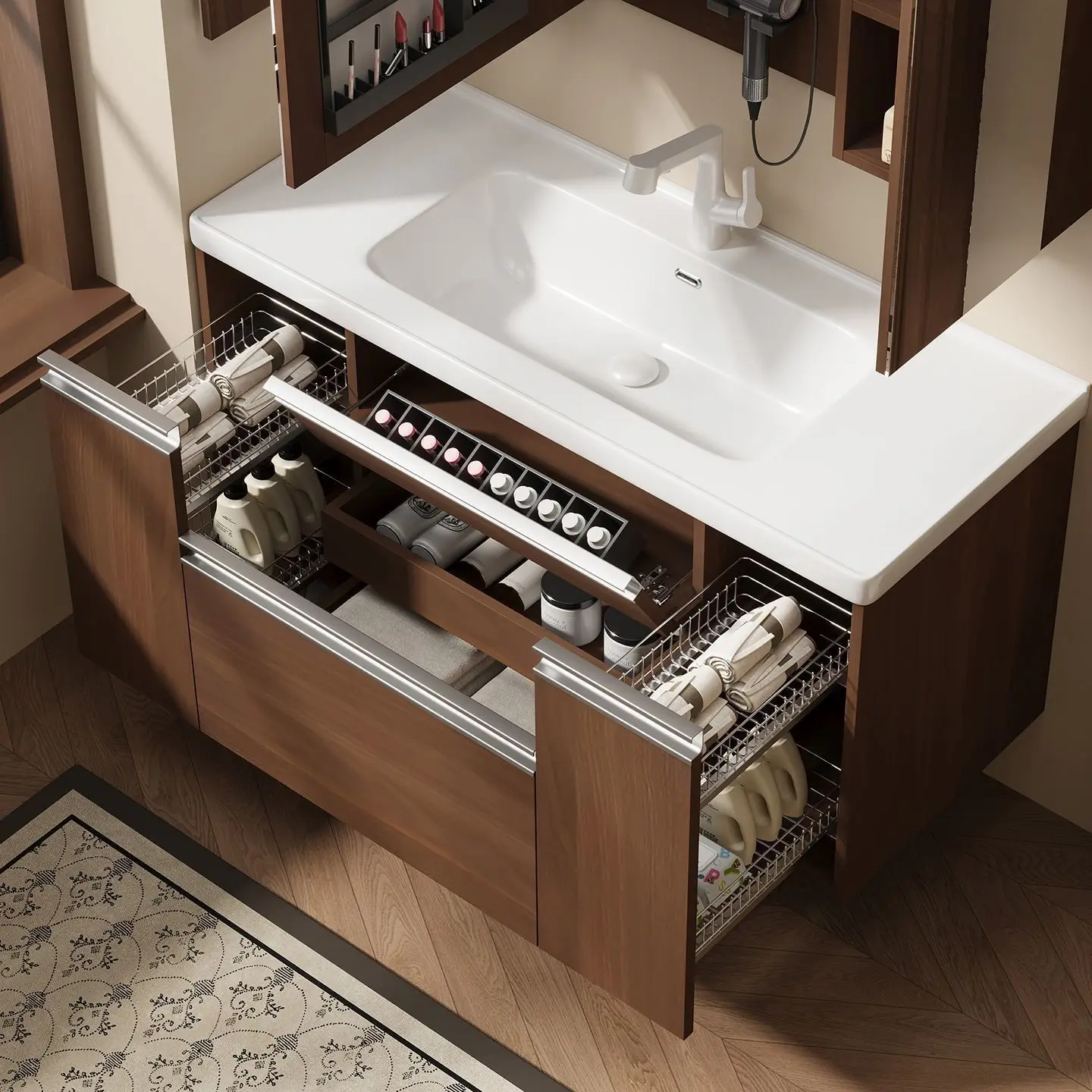 Walnut Japanese-style ceramic integrated basin, multi-functional pull basket, smart bathroom cabinet combination, toilet
