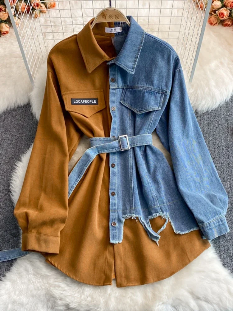 Women\'s Blouse Spring Denim Patchwork Corduroy Lapel Dress Korean Fashion Waist Irregular Medium Length Dresses New Women Shirt