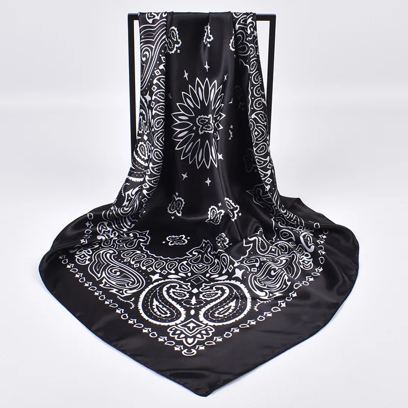 Luxury Fashion Print Silk Square Scarf Women Soft Satin Hairband Neckerchief Tie Female Headband Foulard Bag Ribbon 90*90cm