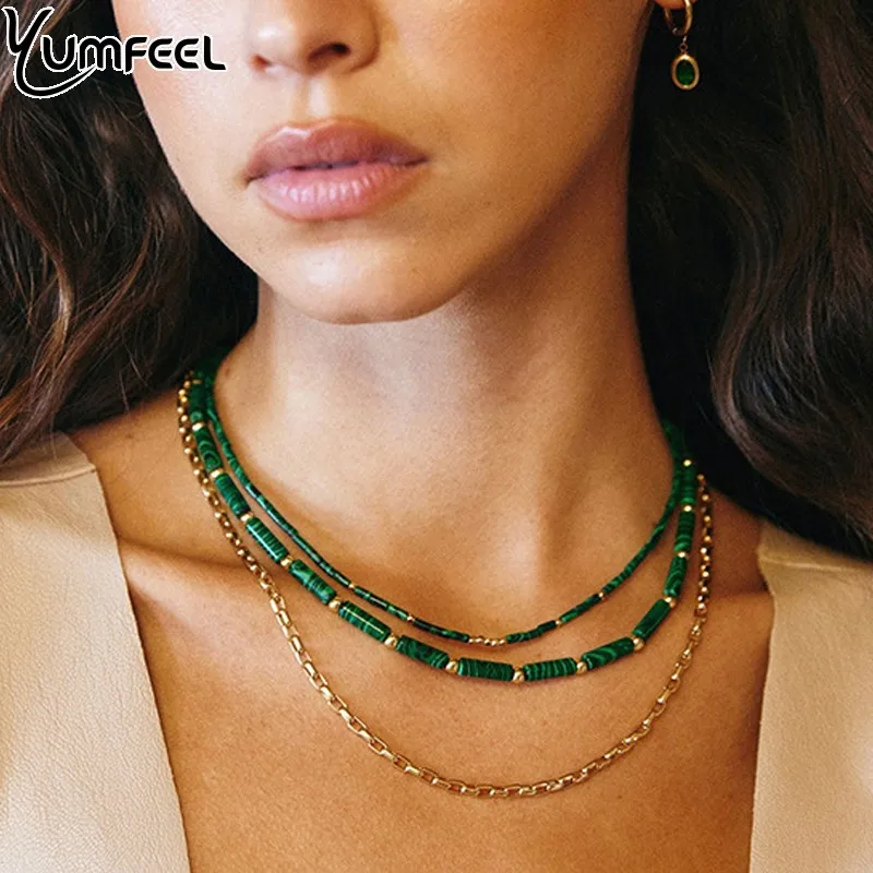 Yumfeel Green Malachite Beaded Necklace Women Fashion Simple Natural Stone Jewelry Gift