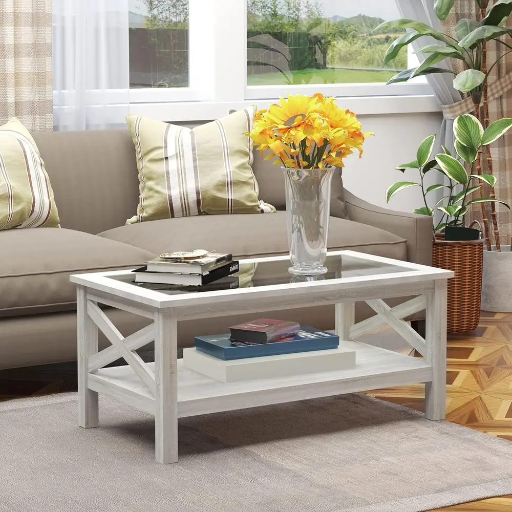 armhouse Style Coee Table with Wood e, Tempered Glass Tabletop and Underneath Storage Shel, Side Table or Living Room, 39.25