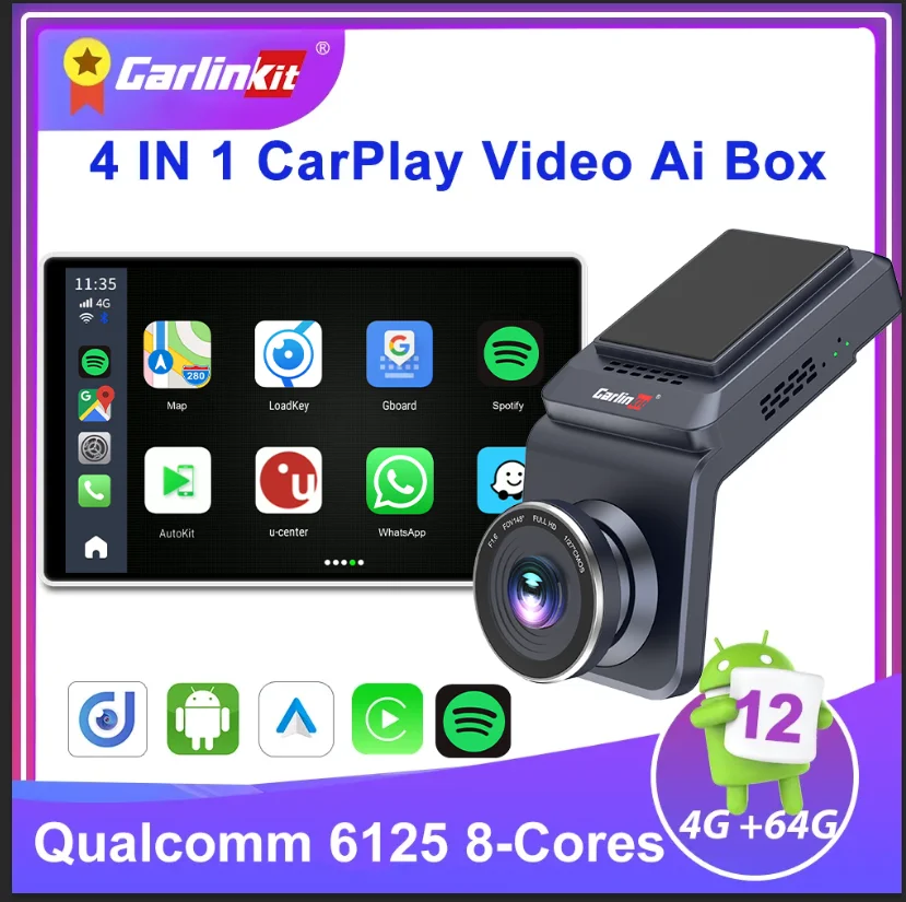 

4 IN 1 CarlinKit Wireless CarPlay Dash Cam TV Box Wireless Android Auto &CarPlay AI Box 1080P GPS 4G LTE Qualcomm 8-core 4G+64G