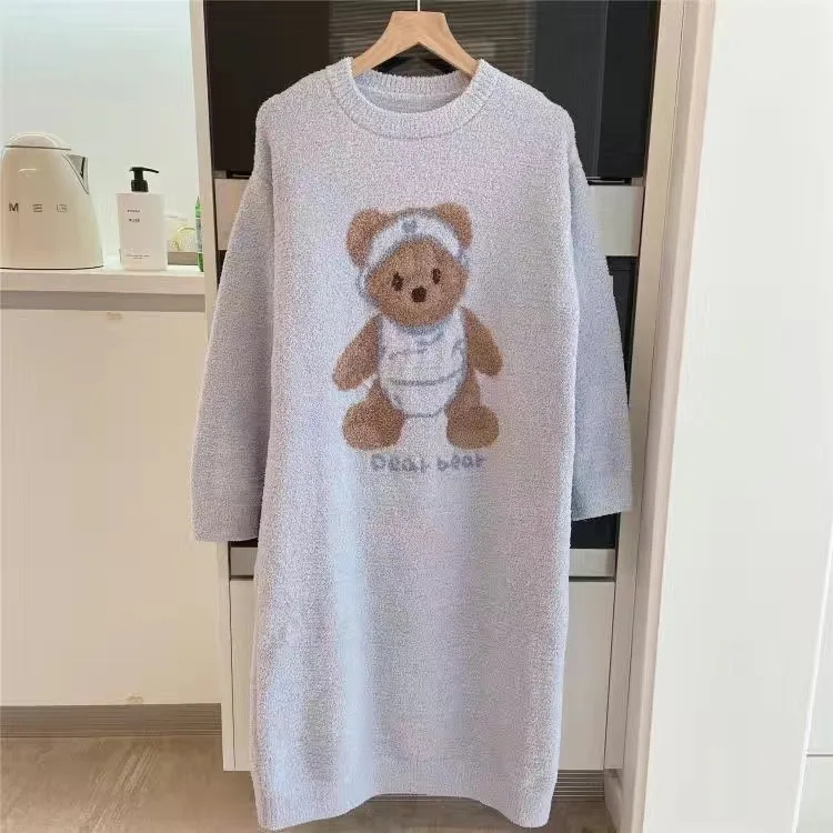 ملابس نوم نسائية من الصوف المرجاني الناعم بأكمام طويلة للخريف والشتاء، ملابس منزلية سميكة غير رسمية بياقة مستديرة وتصميم دب ك...