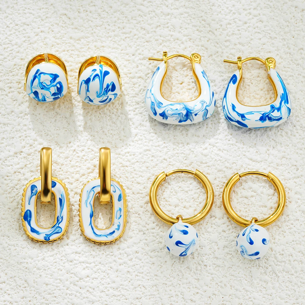 Fashion White and Blue Enamel Flower Round Beads Hoop Earrings for Women Geometric Gold Plated Stainless Steel Huggie Hoops