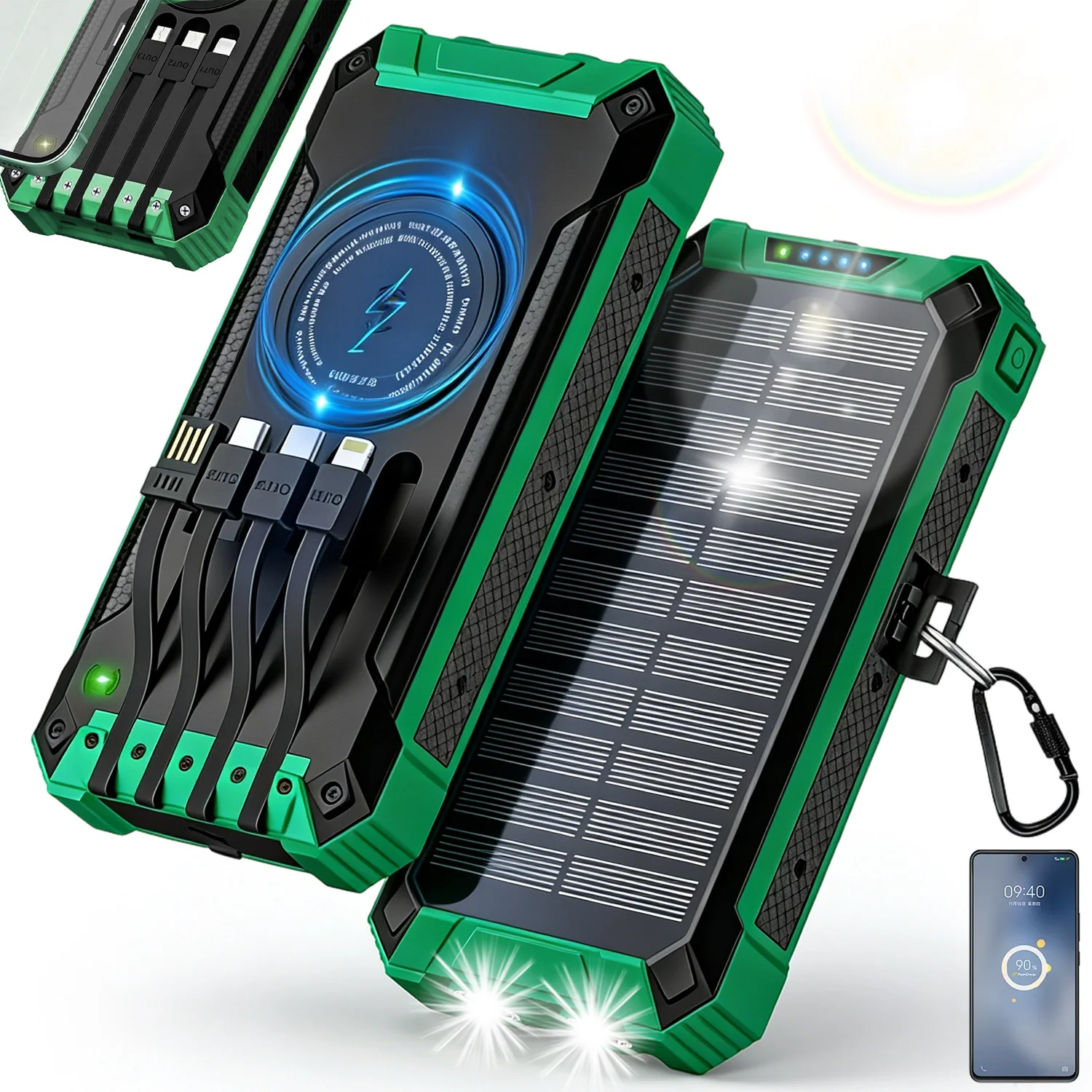 26800mAh Solar-Ladegerät Powerbank Notfall Tragbarer Externer Akku mit 4 Eingebaute Kabeln, USB-C, 6 Ausgängen & 2 Eingängen