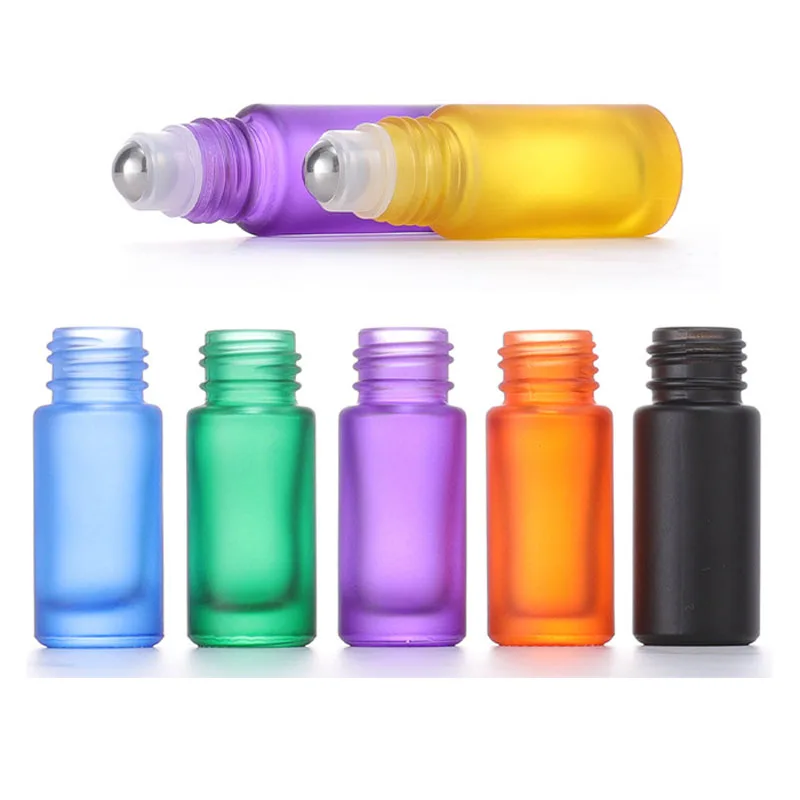 10X 20X 5ml 10ml Refillable Frosted Colorful Empty Glass Essential Oil Perfume Roll On Bottles With Stainless Steel Roller Ball