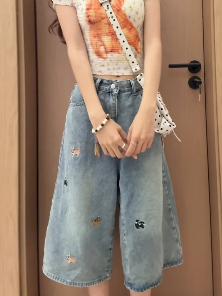 Sweet Cool Spicy Girl American Style Dog Embroidery Seven-Foot Loose Straight Leg Wide-Leg Jeans Women Summer Slimming Trendy