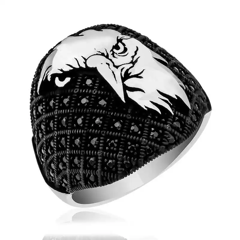 Silver Eagle Head Figured Men's Ring - 925 Sterling Men's Jewelry Wedding Birthday Gift - Box - Man - Fashion - Botiva - Size - Turkish - Patterned Embroidery