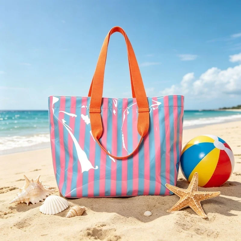 Striped waterproof large capacity beach bag for women, polyester handle shoulder bag, seaside travel storage bag