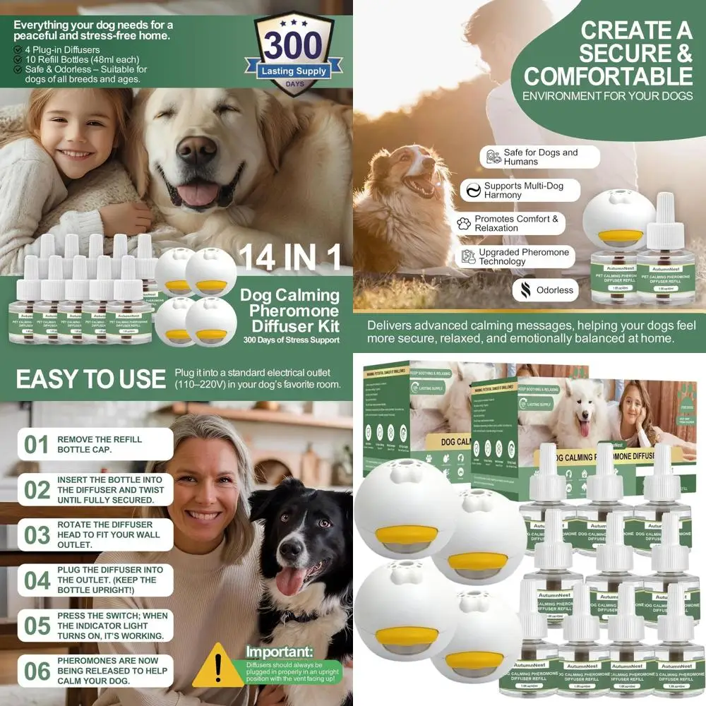 

Универсальный набор для успокоения собак: 4 аромадиффузора + 10 сменных флаконов с феромонами по 48 мл для снятия тревоги, лая и стресса