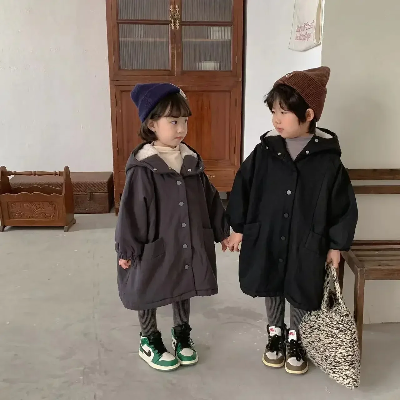 男の子と女の子のための綿のフード付きトレンチコート,ゆったりとしたミドル丈のコート,フリースの言語,秋冬の服