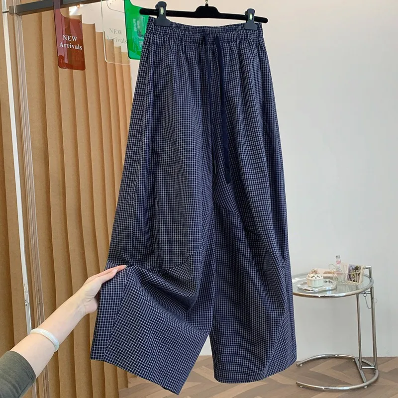 Comfortable Wide Leg Casual Pants Women's Fashion Retro Small Check Loose Fit Spring Summer Thin Acetate Fiber Straight Cut