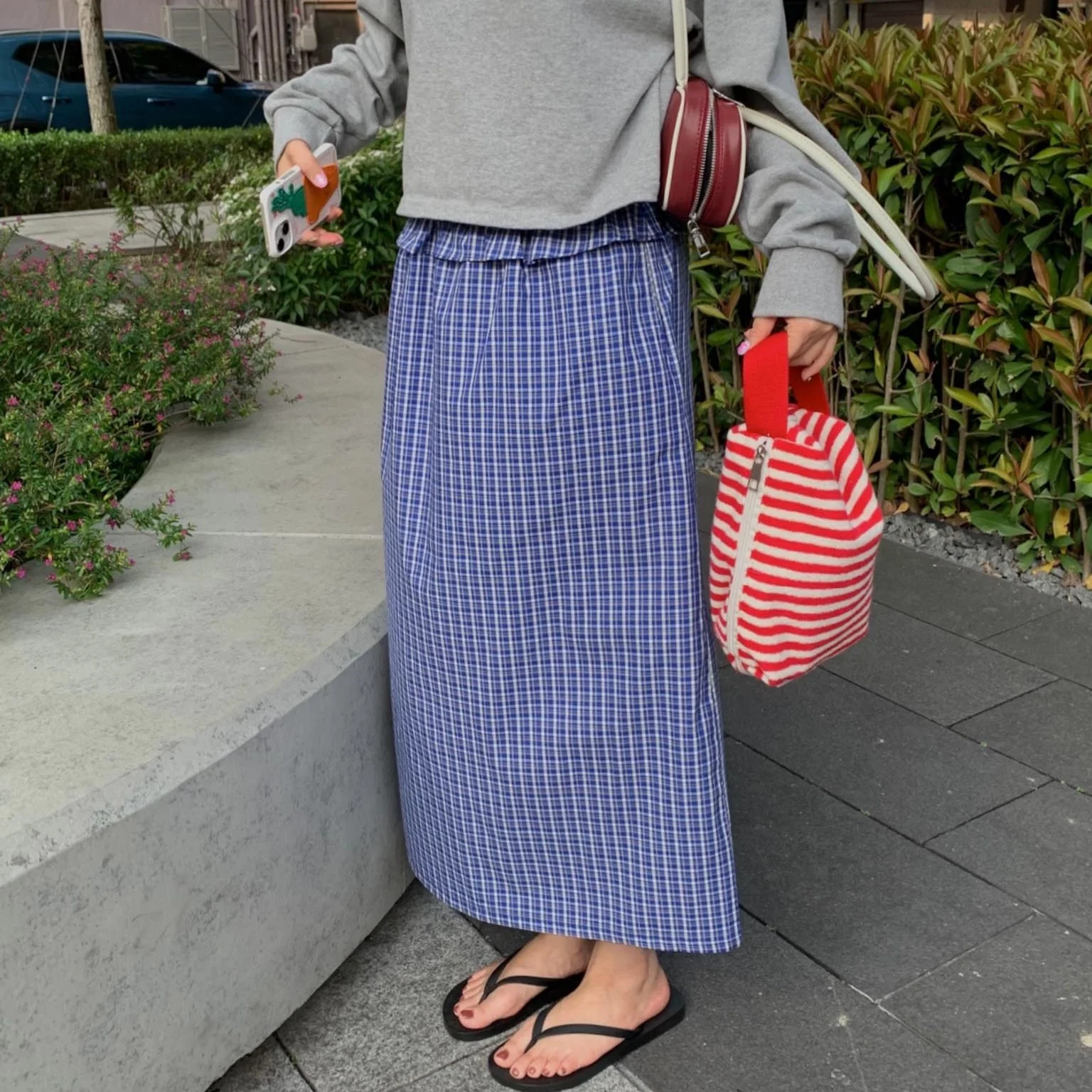 Retro Elegant Plaid Elastic Waist Skirt with Slit High Waist Midi Skirt for Women Commute Style Polka Dot Pattern
