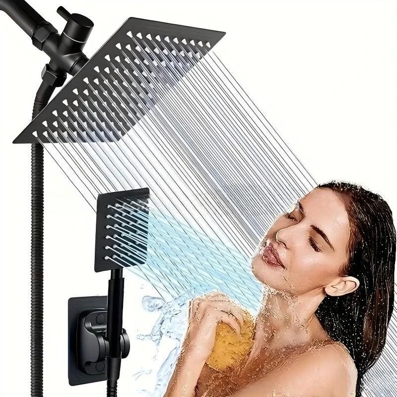 

8-дюймовая насадка для тропического душа с ручной насадкой для душа высокого давления, верхняя насадка для душа со шлангом, черный квадрат высокого давления