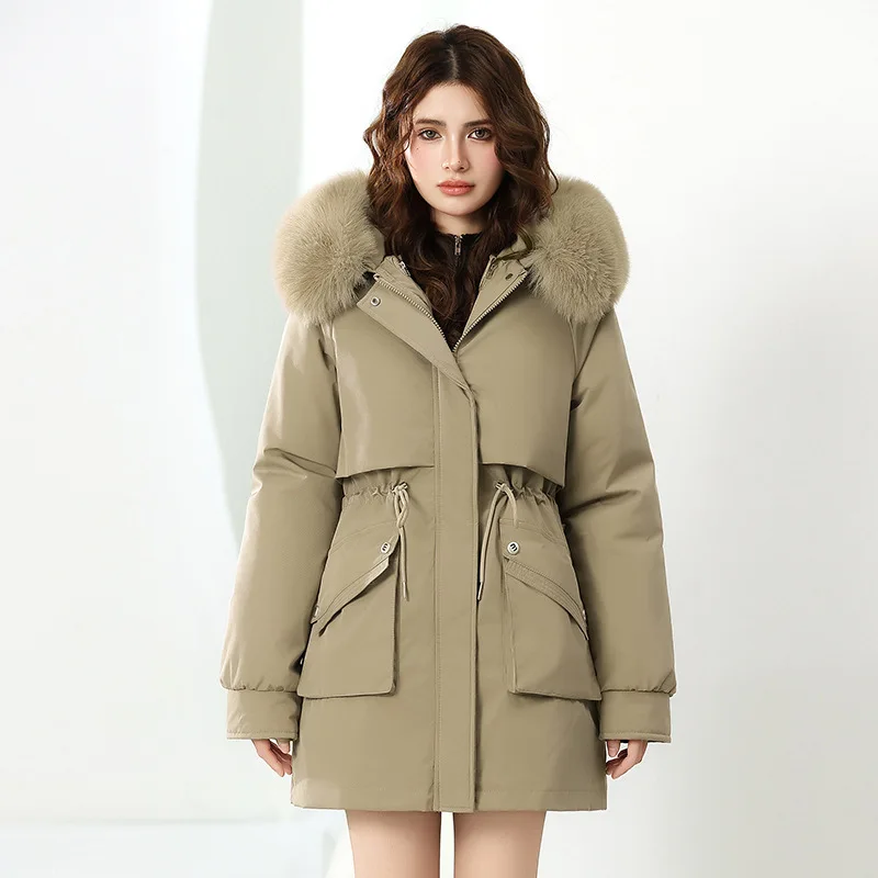 

Three Pieces Way Wear Coat Winter Women's Cotton Padded Jacket Medium Length Hooded Fur Detachable Inner Lining Snow Parka